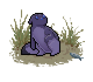 Pixel art of a desaturated purple-blue slugcat hunched down, looking up.